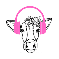 Dairy Gal Val cow logo with headphones The Dairy Hour Podcast